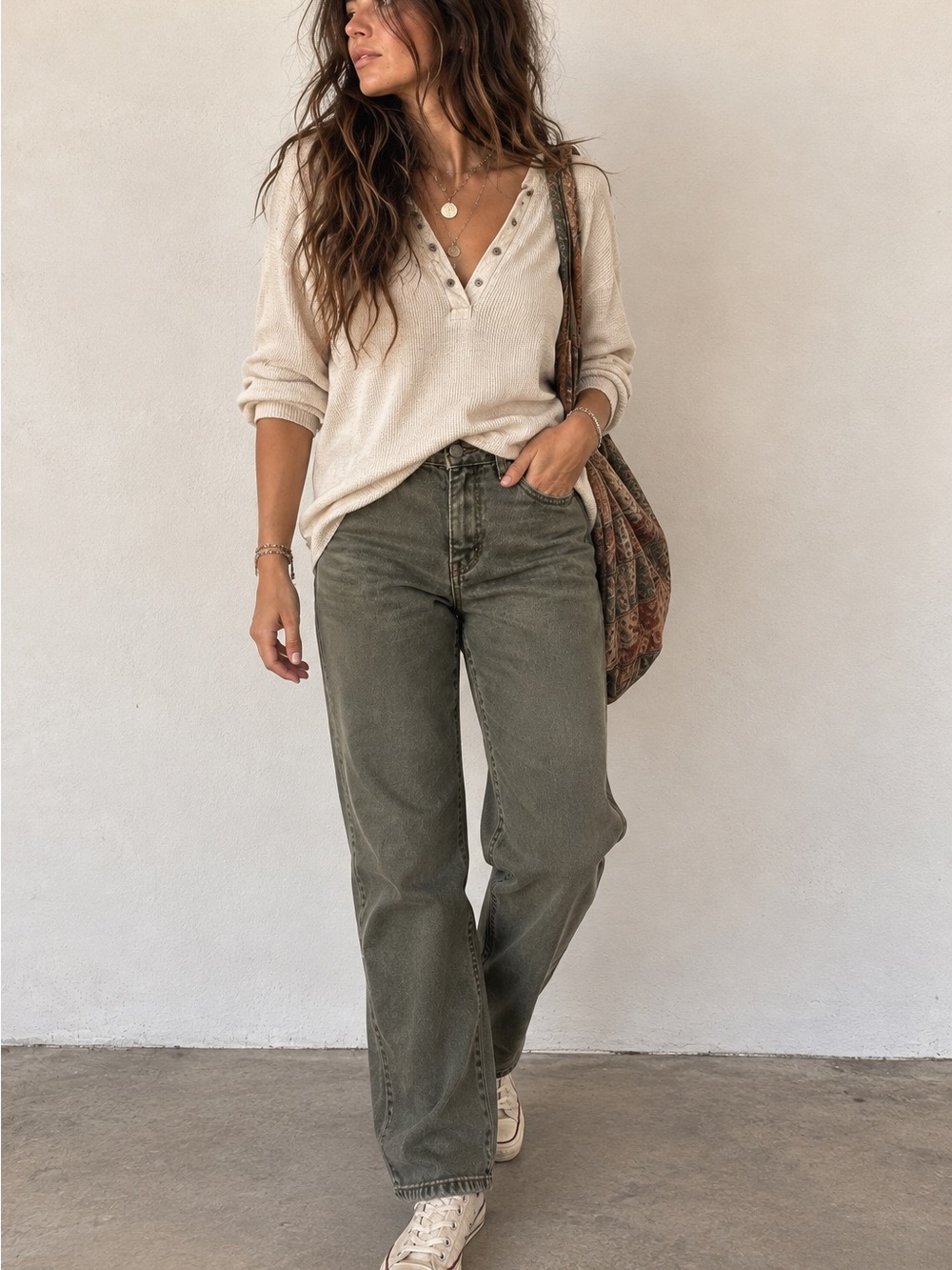 High-Waist Straight-Leg Women's Jeans in Gray/Army Green (see description)